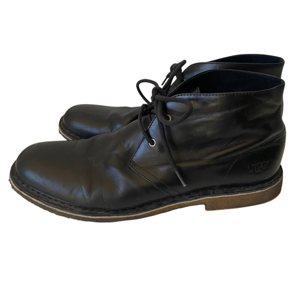 Leighton‎ Mens 12 Black Leather Chukka Ankle Boots Laces Logo Stitching Gum Sole